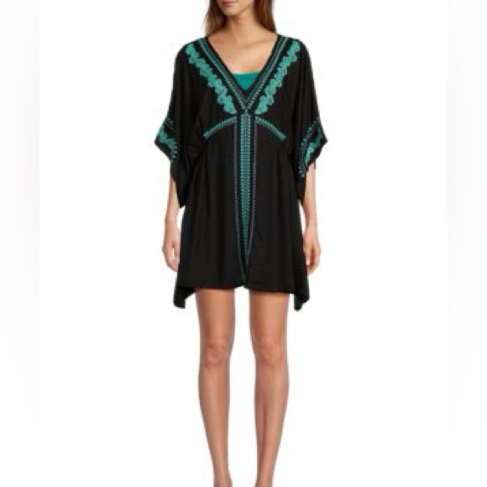 Sunshine 79 Medium NWT Black embroidered Women's Swim Cover-Up aqua blue viscose